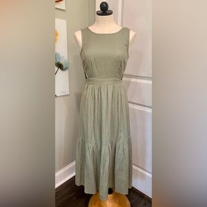 Sage green linen blend cutout midi dress.